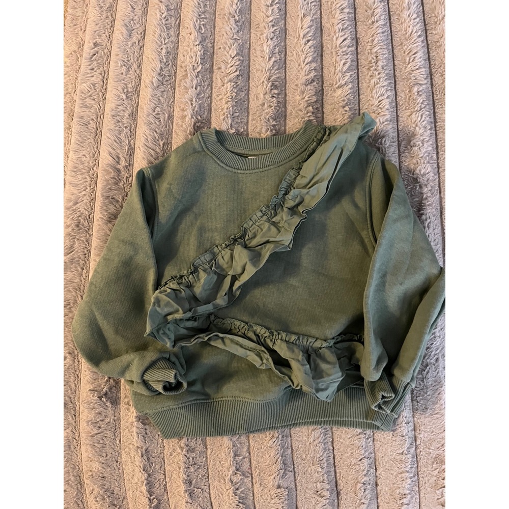 Zara Kids Girls Olive Green Ruffle Diagonal Detail Sweatshirt Pullover Size 6